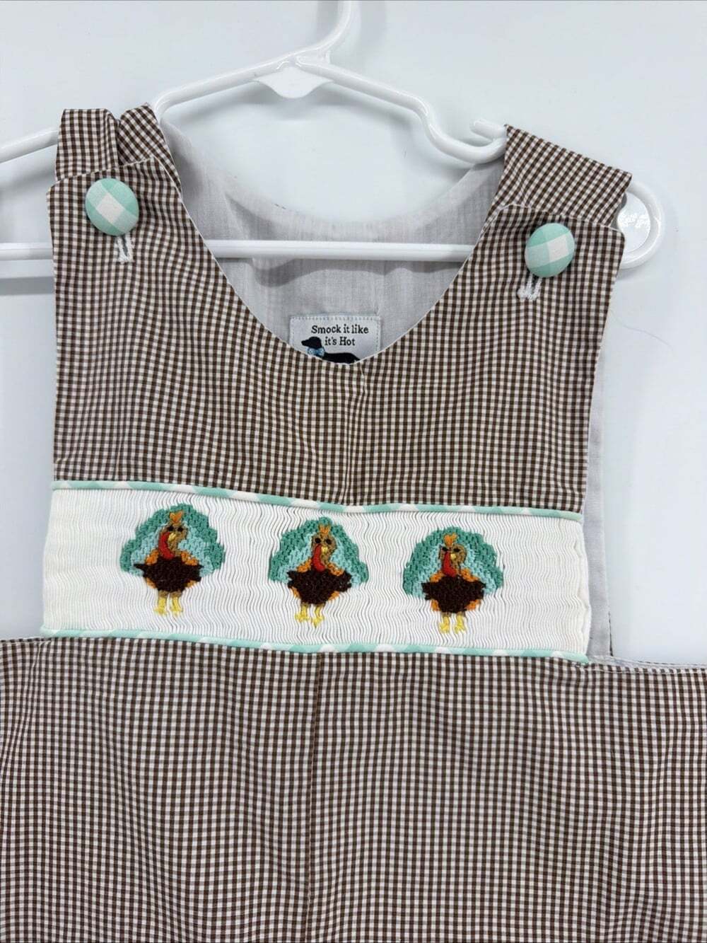 Smock It Like It’s Hot Turkey Smocked Boys 2 Brown Checked Overall Thanksgiving - Picture 2 of 9